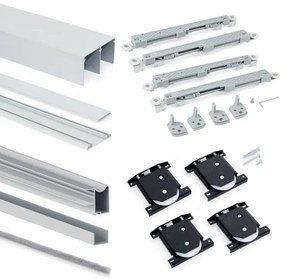 Sistema a scorrimento inferiore per armadio 2 ante di spessore 16 mm, con chiusura soft e profili in alluminio (pannelli non inc