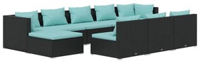 Set divani da giardino 10 pz con cuscini in polyrattan nero