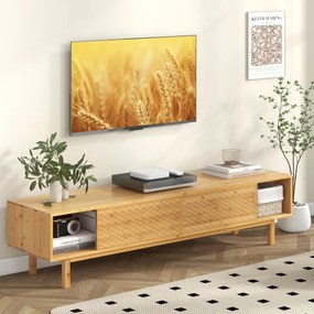 Costway Mobile TV in bambù moderno con porte scorrevoli e 3 compartimenti di archiviazione, Tavolo console TV Naturale