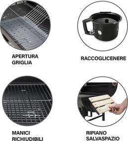 Barbecue a Carbone Carbonella 108x70x100 cm con Coperchio Ruote e Ripiani in Legno Nero...