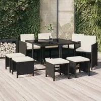 Set da Pranzo da Giardino 9 pz con Cuscini in Polyrattan Nero 3095507