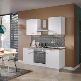 Cucina montata Dora bianco spatolato, lavello reversibile, L 180 cm, completa di: cappa a camino, piano cottura a gas e forno