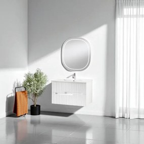 Mobile bagno RIGHE 70 cm 2 cassetti Larice Bianco e specchio LED Frontale