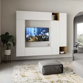 Parete soggiorno Isoka A32 L.254 H.214 Bianco e Quercia