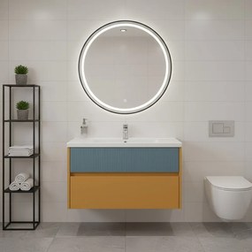 Mobile da bagno sospeso sotto lavabo Niwa 2 cassetti L 89.5 x H 50 x P 45.5 cm senape e blu pacifico cannettato
