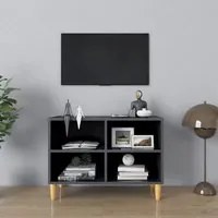 Mobile TV Gambe in Legno Massello Grigio Lucido 69,5x30x50 cm 805931