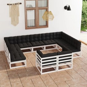 Set divani da giardino 11pz con cuscini massello di pino bianco