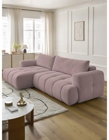 Divano angolare rosa allungabile e con contenitore (penisola a sinistra/chaise lounge) con rivestimento in ciniglia Fuji – Bobochic Paris