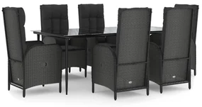 Set da pranzo da giardino 7 pz nero con cuscini in polyrattan
