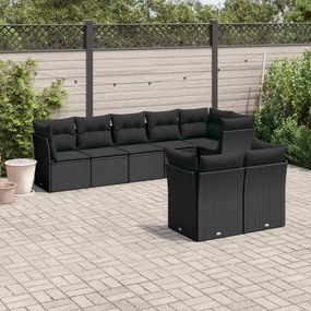 Set divani da giardino con cuscini 8 pz nero in polyrattan