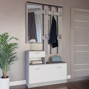 Mobile Nada Mobiletto da Ingresso con Scarpiera Appendiabiti e Specchio Arredo Arredamento Corridoio Entratina 97 x 35 x 25 cm (Bianco e Grigio Cemento)