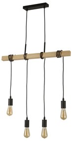 Lampadario Industrial-Nordico Legnoso Acciaio Marrone Legno 4 Luci E27