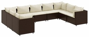 Set divani da giardino 9 pz con cuscini in polyrattan marrone