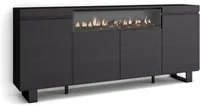 Credenza, Mobile soggiorno 200x87x35cm, 4 Porte, Camino elettrico, Design industriale, Stile moderno, Nero