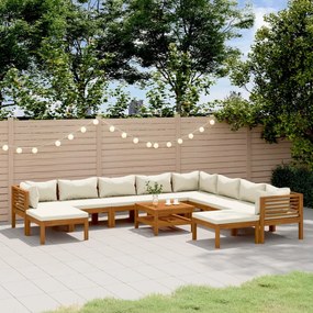 Set divani da giardino 11 pz con cuscini crema in legno acacia