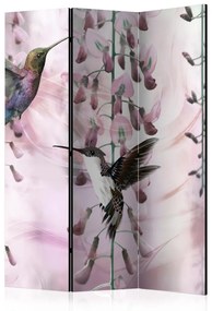 Paravento design Colibri volanti (rosa) (3 parti) - uccelli colorati tra i fiori
