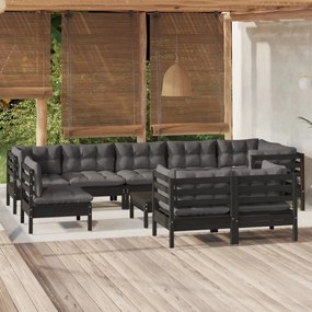 Set Divani da Giardino 10 pz con Cuscini Neri Legno di Pino