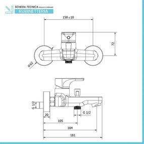 Miscelatore vasca esterno in ottone cromo lucido completo di set doccia Zyra