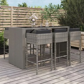 Set Bar da Giardino 7 pz con Cuscini in Polyrattan Grigio