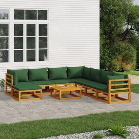 Set salotto da giardino 9pz con cuscini verdi in legno massello