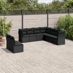 Set divani da giardino 9 pz con cuscini nero in polyrattan