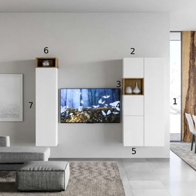 Parete soggiorno Isoka A28 H.174 P.39,5 Bianco e Quercia