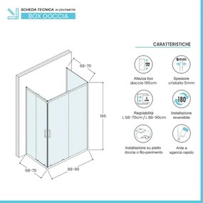 Box doccia 3 lati 70x90x70 cm doppio scorrevole vetro stampato  Tay