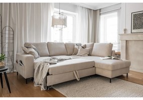 Divano letto angolare in velluto a coste beige (angolo destro) Lofty Lilly - Miuform