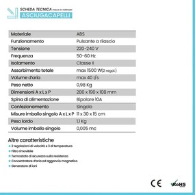 Asciugacapelli Nero con motore brushless con base murale e tasto a rilascio