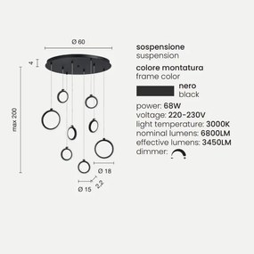 Lampada a sospensione in metallo verniciato 8 Luci NERO a Led PINTA