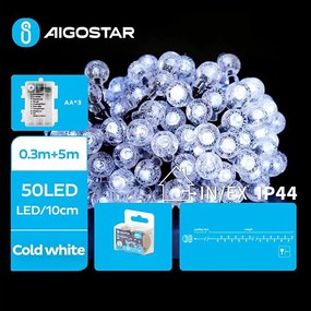 Aigostar - Catena luminosa LED da esterno 50xLED/3xAA/8 funzioni 5,3 m IP44 bianco freddo