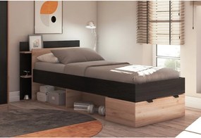 Letto singolo effetto rovere con contenitore senza griglia in colore nero-naturale 90x200 cm Albo - Marckeric