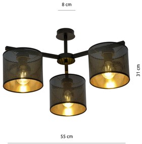 Plafoniera Industrial 3 Luci Jordan In Acciaio Nero E Paralumi A Cilindro Oro