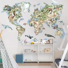 Mappa del mondo sulla parete con 150 animali - adesivo riposizionabile | Inspio