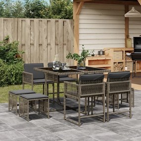 Set da pranzo da giardino 9 pz con cuscini in polyrattan grigio