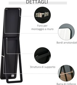 Specchio da Terra e da Parete 37x43x156 cm con Struttura in Legno e Supporto Pieghevole Nero...
