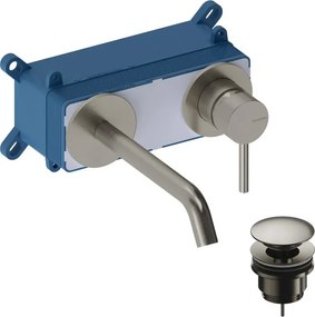Rubinetto per lavabo Loop monocomando a parete per lavabo bocca 18cm + corpo incasso + piletta di scarico nickel brushed