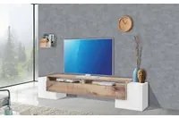 Mobile da soggiorno Porta TV, Made in Italy, Credenza per TV da salotto a 3 ante e ripiani, cm 210x45h45, Bianco lucido e Acero