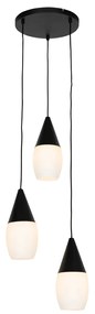 Lampada a sospensione moderna nera con vetro opalino 3 luci - Drop