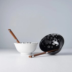 Set di 2 ciotole e bacchette in ceramica bianca e nera Sakura - MIJ