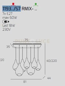 Sosp. cromo 7 luci rettangolare vetri (4 piccoli (2xfu+2xtr)+3 medi...