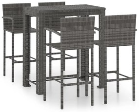 Set bar da giardino 5 pz con braccioli in polyrattan grigio