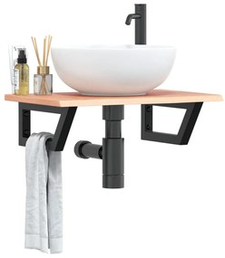 Ripiano a parete per lavabo in acciaio e massello di rovere