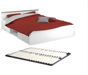 Letto con vani portaoggetti 140 x 190 cm 2 cassetti e 1 nicchia Bianco + Rete - PABLO