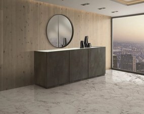 Credenza FAVIGNANA in legno, finitura in acciaio ossidato, piano effetto marmo statuario, 200&#215;50 cm