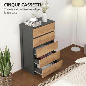 Cassettiera 5 Cassetti 60x39x100 cm con Guide in Metallo e Maniglie Scanalate in Legno Nero e Rovere...