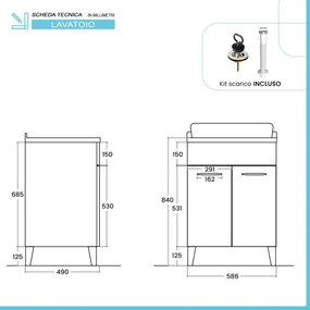 Mobile lavatoio 60x50 cm grigio calce vasca in ceramica e kit di scarico Moon