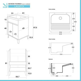 Mobile lavatoio 60x50 cm linea Way bianco lucido con vasca e strofinatoio