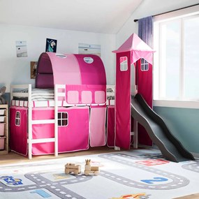 Letto A Soppalco Con Torre Bambini Rosa 80x200cm Massello Pino /