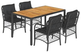 Set da Pranzo da Giardino 5 pz Nero con Cuscini in Polyrattan